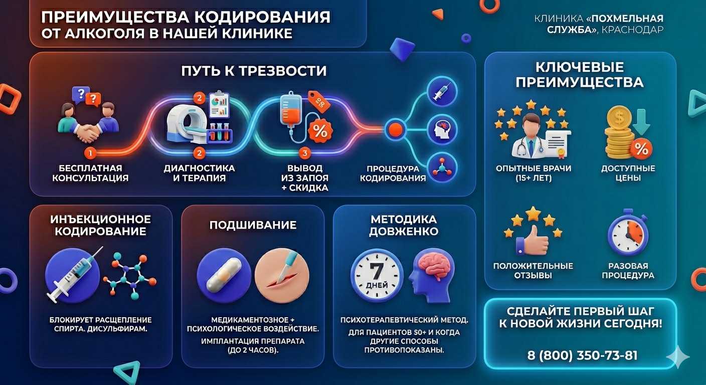 Инфографика о методах кодирования от алкоголя в Озинках: инъекции, подшивание, метод Довженко. Преимущества клиники и этапы лечения.